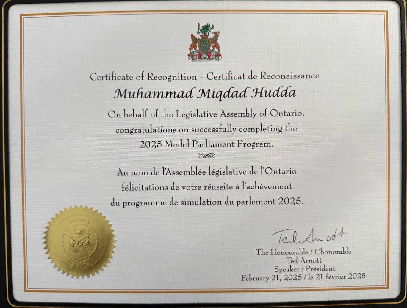 Ontario Legislative Assembly Model Parliament Certificate