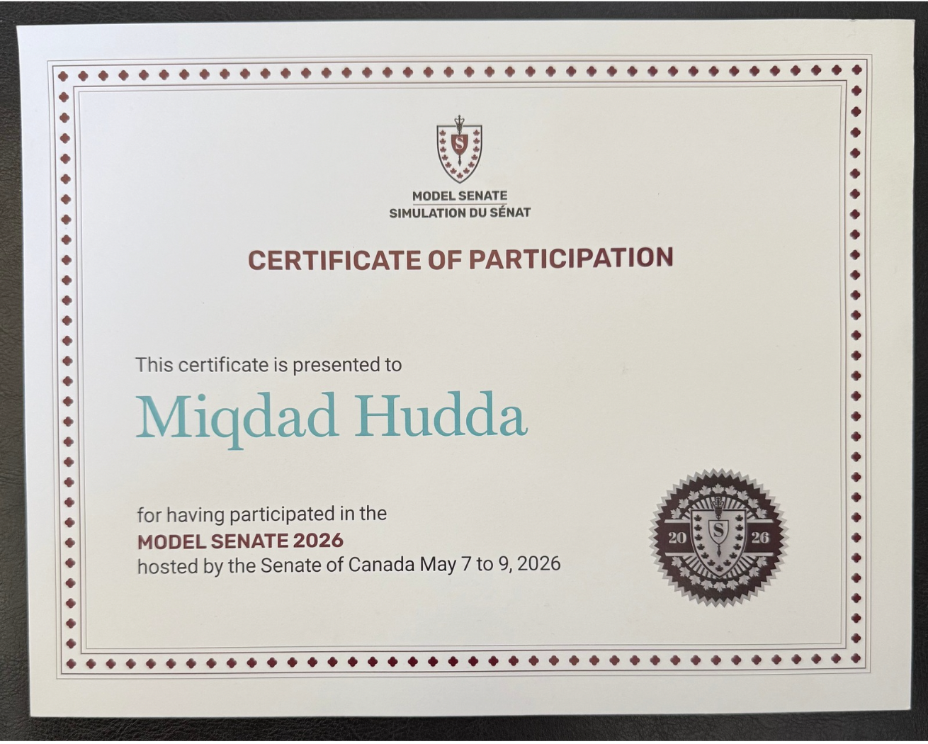 Model Senate 2026 Certificate of Participation