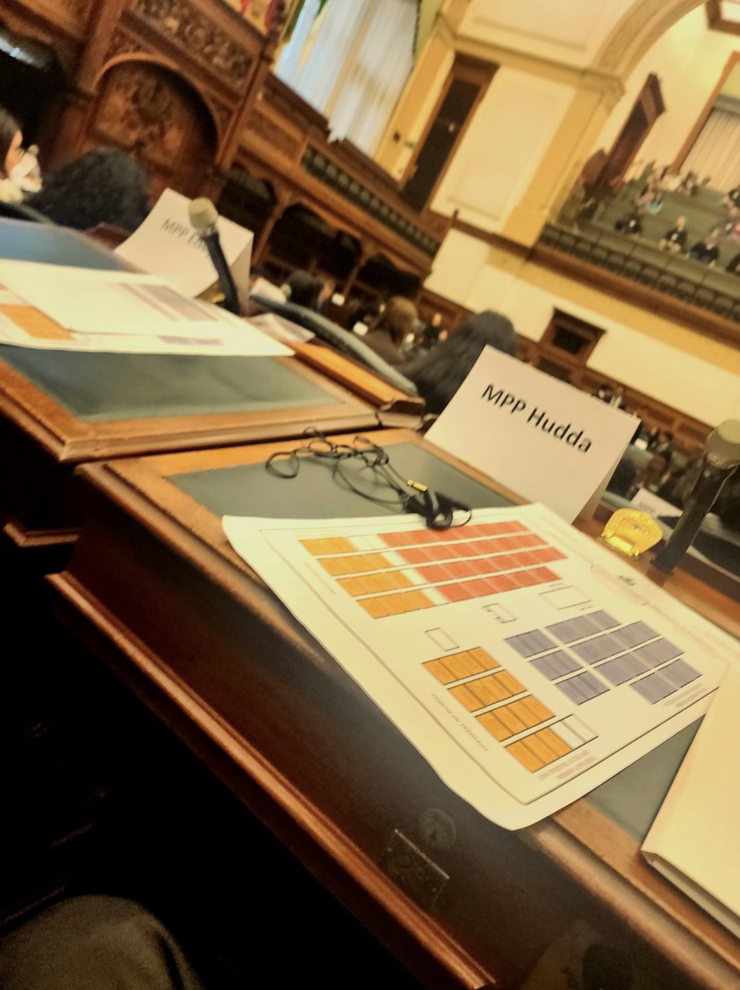 MPP Hudda nameplate at desk in the Ontario Legislative Assembly